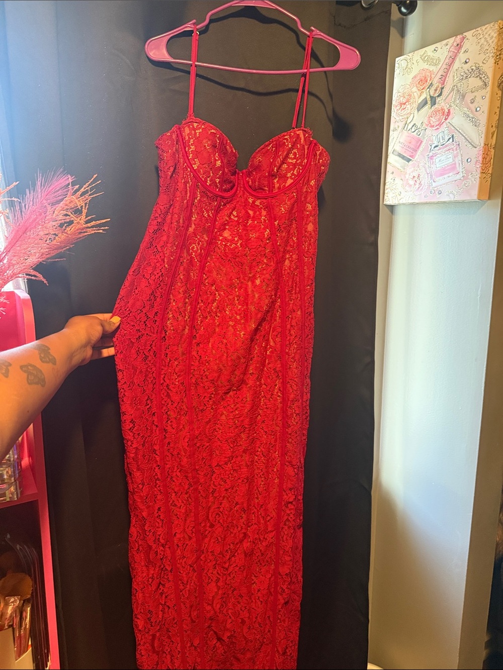 Fashion Nova Red Lace Maxi Dress with Spaghetti Straps